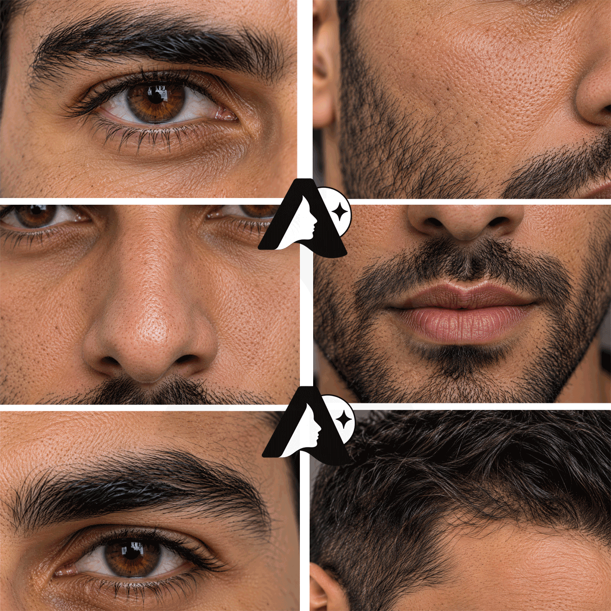 Détails visuels d'avatars IA cohérents : yeux, peau, bouche, nez, sourcils et cheveux